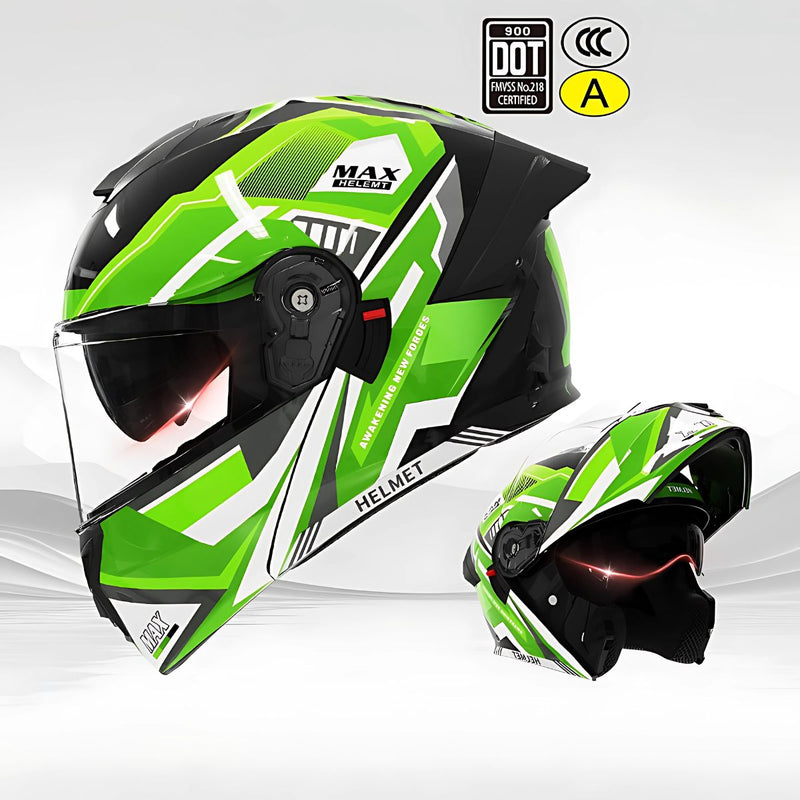 Casco Modular para Motocicletas. Color verde con Visor Transparente, Certificación DOT/3C.