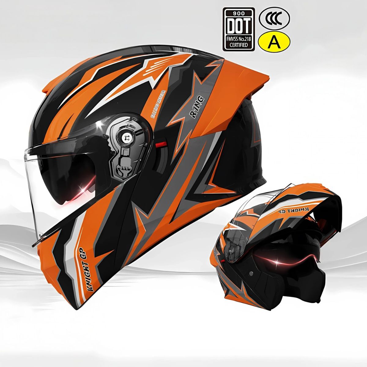 Casco Modular para Motocicletas. Color anaranjado con Visor Transparente, Certificación DOT/3C.