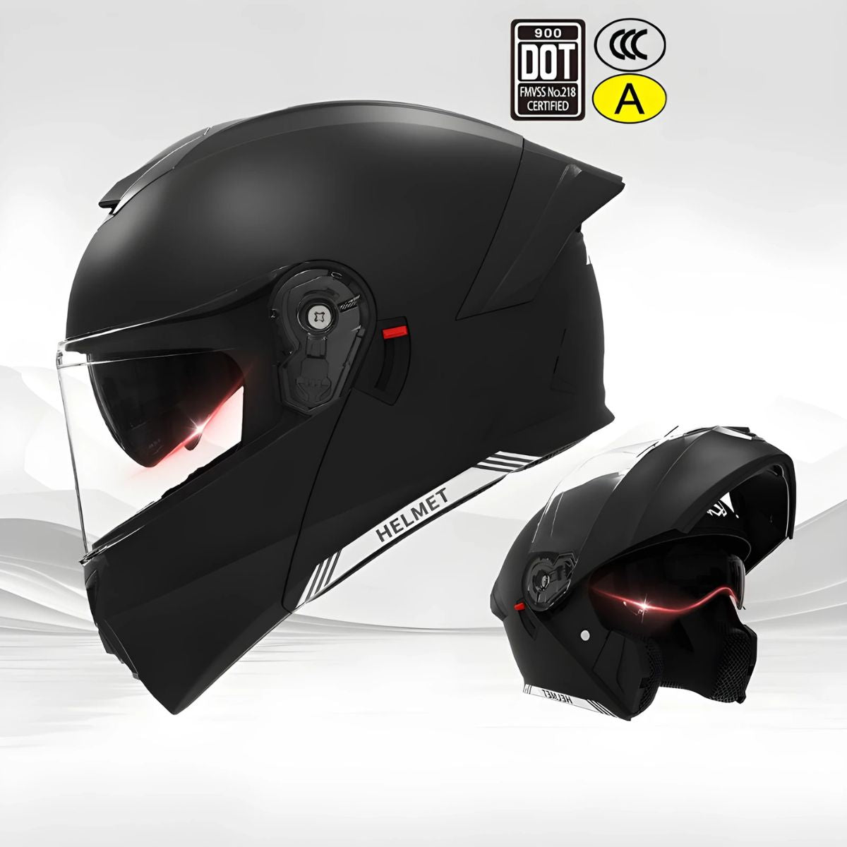 Casco Modular para Motocicletas. Color negro mate con Visor Transparente, Certificación DOT/3C.