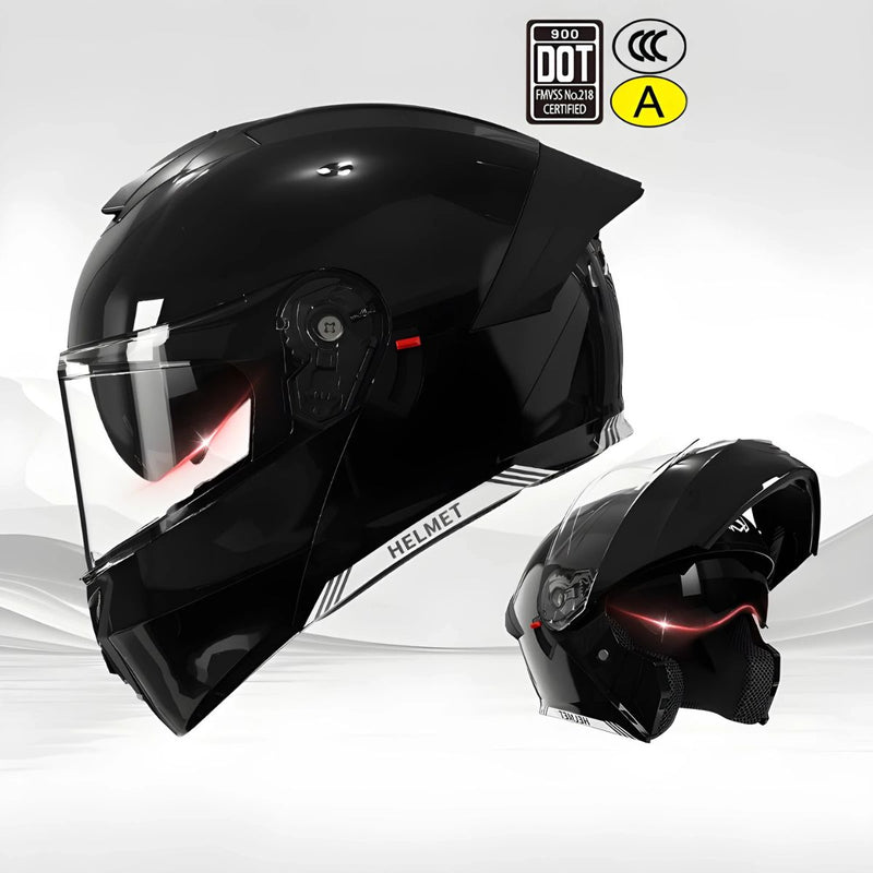 Casco Modular para Motocicletas. Color negro con Visor Transparente, Certificación DOT/3C.