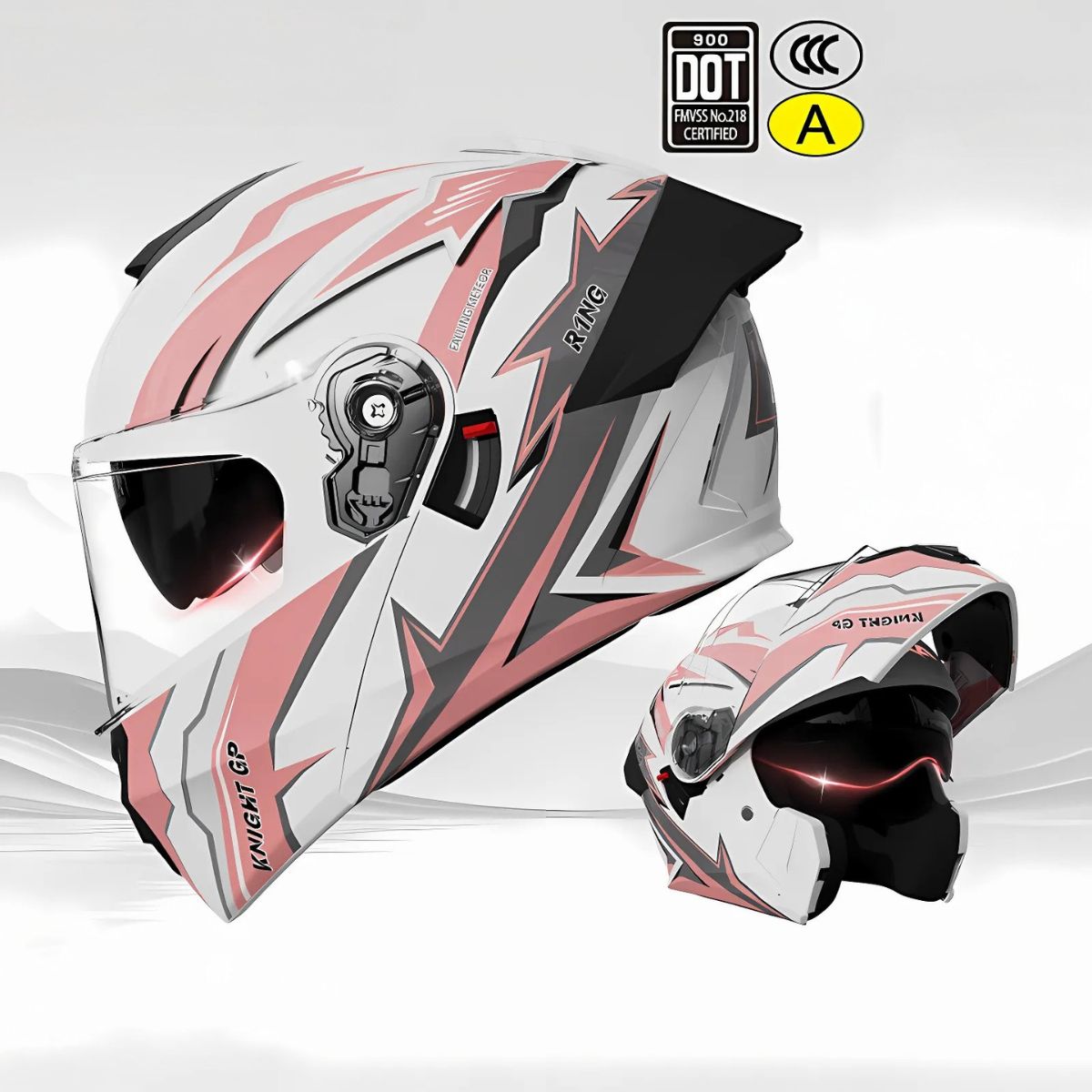 Casco Modular para Motocicletas. Color blanco y rosado con Visor Transparente, Certificación DOT/3C.
