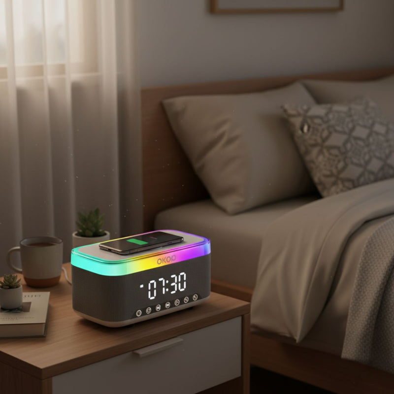 Reloj Despertador Digital con bocina Bluetooth. Cargador Inalámbrico para Celulares. Radio FM y Temporizador. Lampara de noche