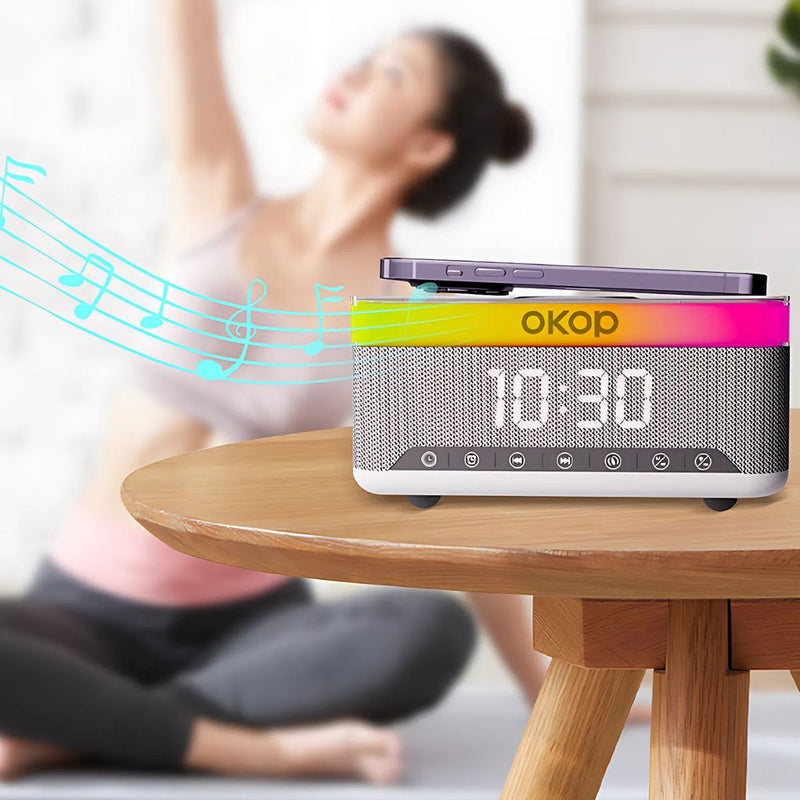 Reloj Despertador Digital con bocina Bluetooth. Cargador Inalámbrico para Celulares. Radio FM y Temporizador. Lampara de noche