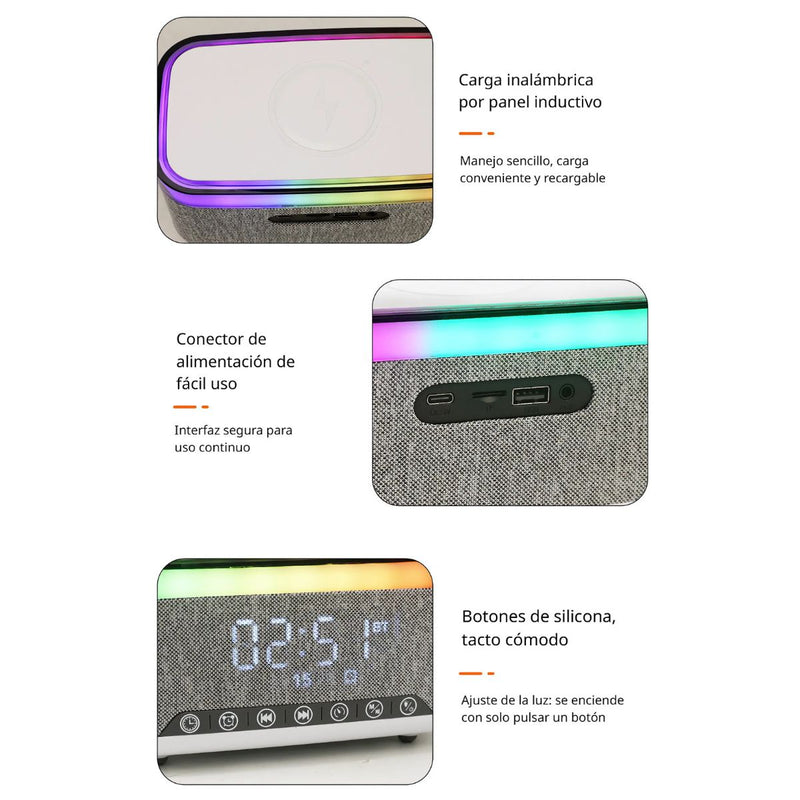 Reloj Despertador Digital con bocina Bluetooth. Cargador Inalámbrico para Celulares. Radio FM y Temporizador. Lampara de noche