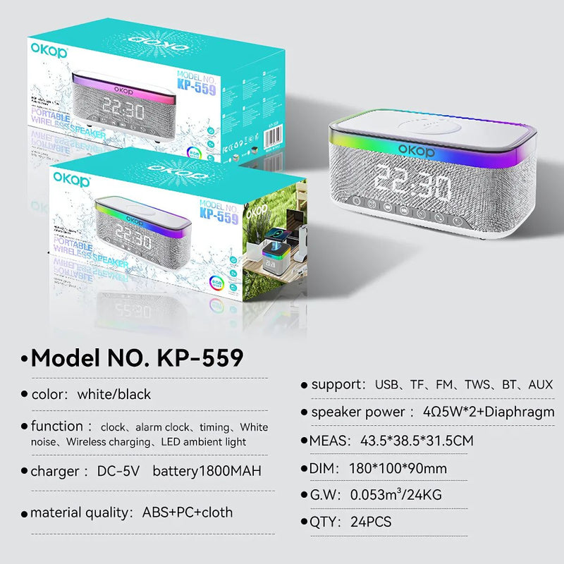 Reloj Despertador Digital con bocina Bluetooth. Cargador Inalámbrico para Celulares. Radio FM y Temporizador. Lampara de noche