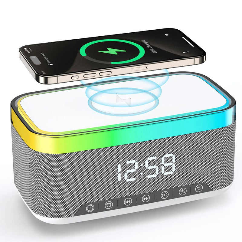 Reloj Despertador Digital con bocina Bluetooth. Cargador Inalámbrico para Celulares. Radio FM y Temporizador. Lampara de noche