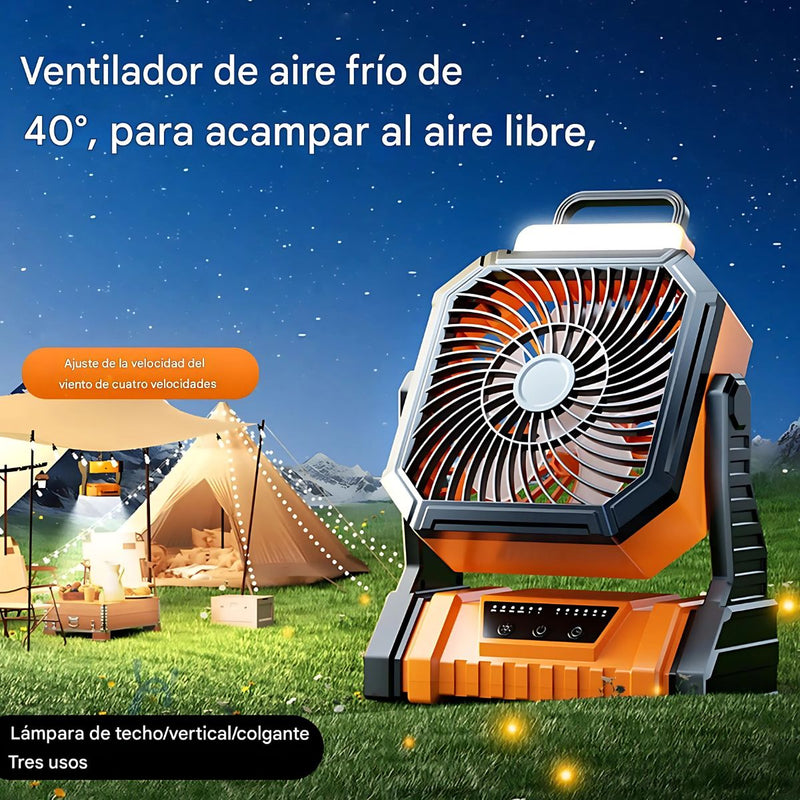 Ventilador abanico Portátil Recargable. Abanico para Camping y Exteriores. Luz LED de Emergencia. Power Bank Integrado. 5400mAh (4-9h)