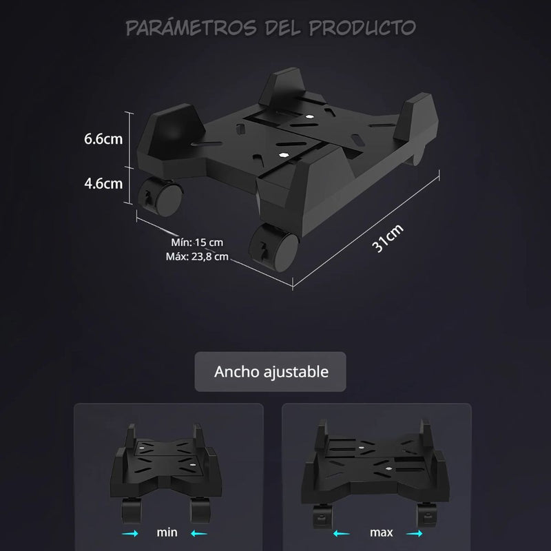 Base de CPU gamer Soporte Ajustable Ruedas 360°. Base Móvil con Bloqueo. Capacidad hasta 20kg.