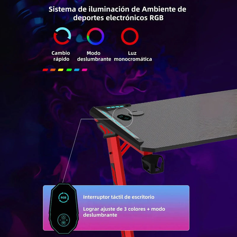 Mesa Escritorio Gamer con Luces RGB. Mesa para Computadora 120x60cm. Diseño Ergonómico y Estable. Accesorios Integrados.
