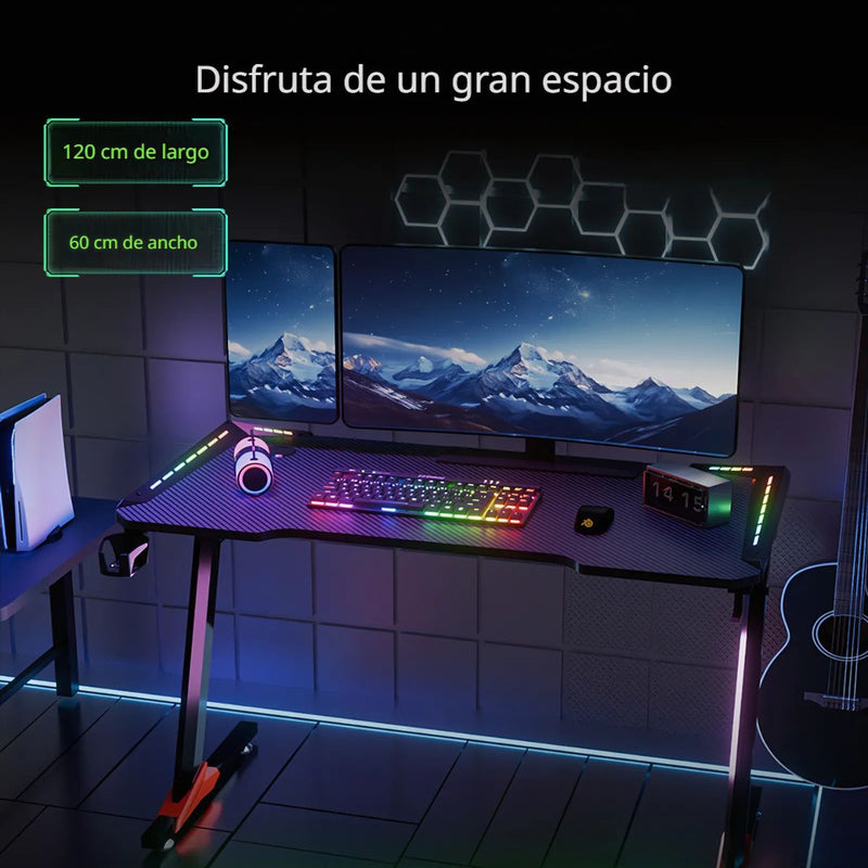 Mesa Escritorio Gamer con Luces RGB. Mesa para Computadora 120x60cm. Diseño Ergonómico y Estable. Accesorios Integrados.