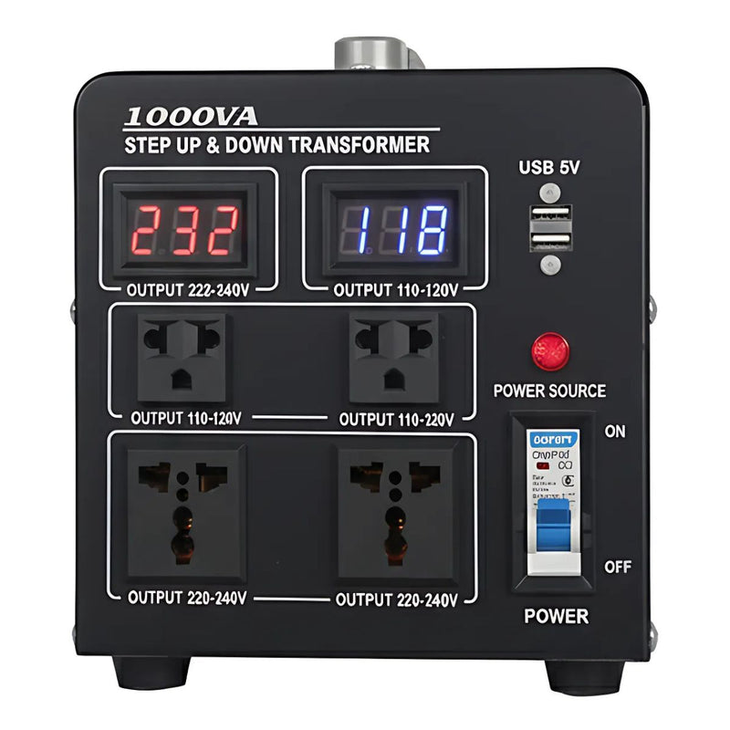 Transformador Eléctrico 1000VA. Convertidor De Voltaje Monofásico 110V-220V con Pantalla Digital y USB 5V.