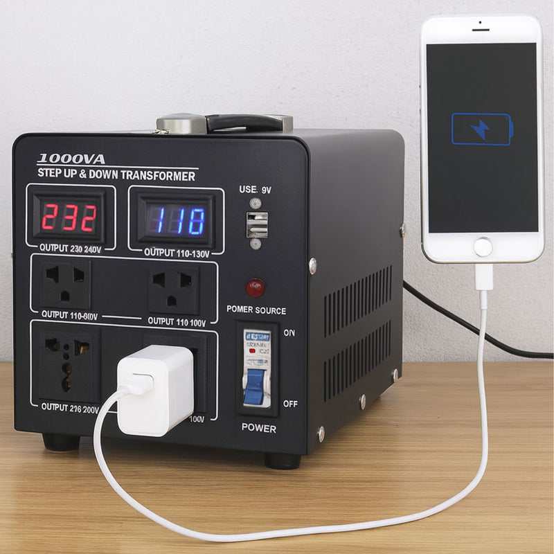 Transformador Eléctrico 1000VA. Convertidor De Voltaje Monofásico 110V-220V con Pantalla Digital y USB 5V.