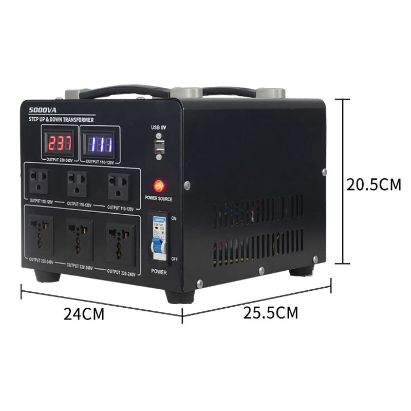 Transformador Eléctrico 5000VA. Convertidor De Voltaje Monofásico 110V-220V con Pantalla Digital y USB 5V.