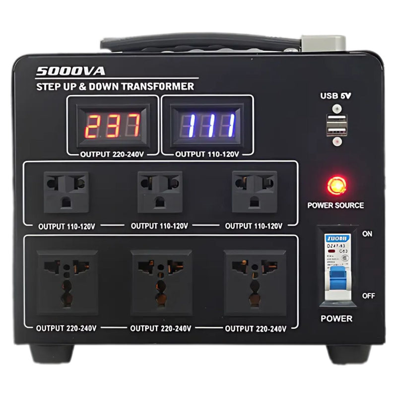 Transformador Eléctrico 5000VA. Convertidor De Voltaje Monofásico 110V-220V con Pantalla Digital y USB 5V.