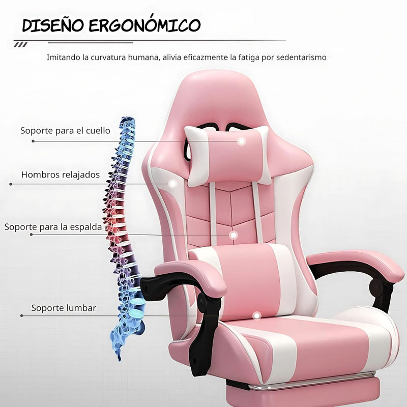 Silla Gamer Ergonómica Rosa. Silla de oficina con Respaldar Reclinable 135°. Cojines de Apoyo y Reposabrazos Articulados.