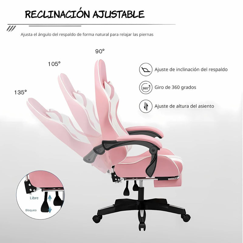 Silla Gamer Ergonómica Rosa. Silla de oficina con Respaldar Reclinable 135°. Cojines de Apoyo y Reposabrazos Articulados.