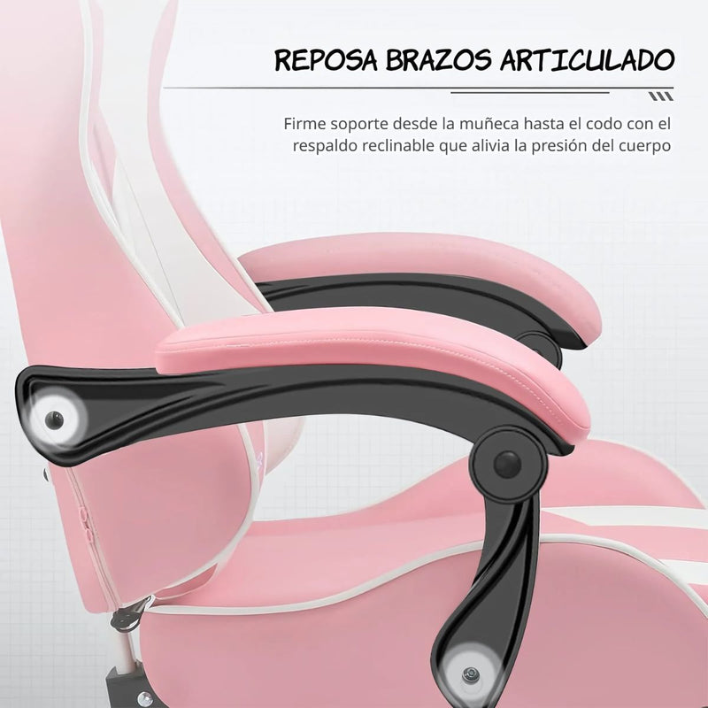 Silla Gamer Ergonómica Rosa. Silla de oficina con Respaldar Reclinable 135°. Cojines de Apoyo y Reposabrazos Articulados.