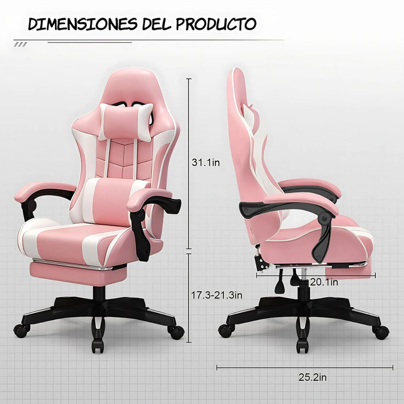 Silla Gamer Ergonómica Rosa. Silla de oficina con Respaldar Reclinable 135°. Cojines de Apoyo y Reposabrazos Articulados.
