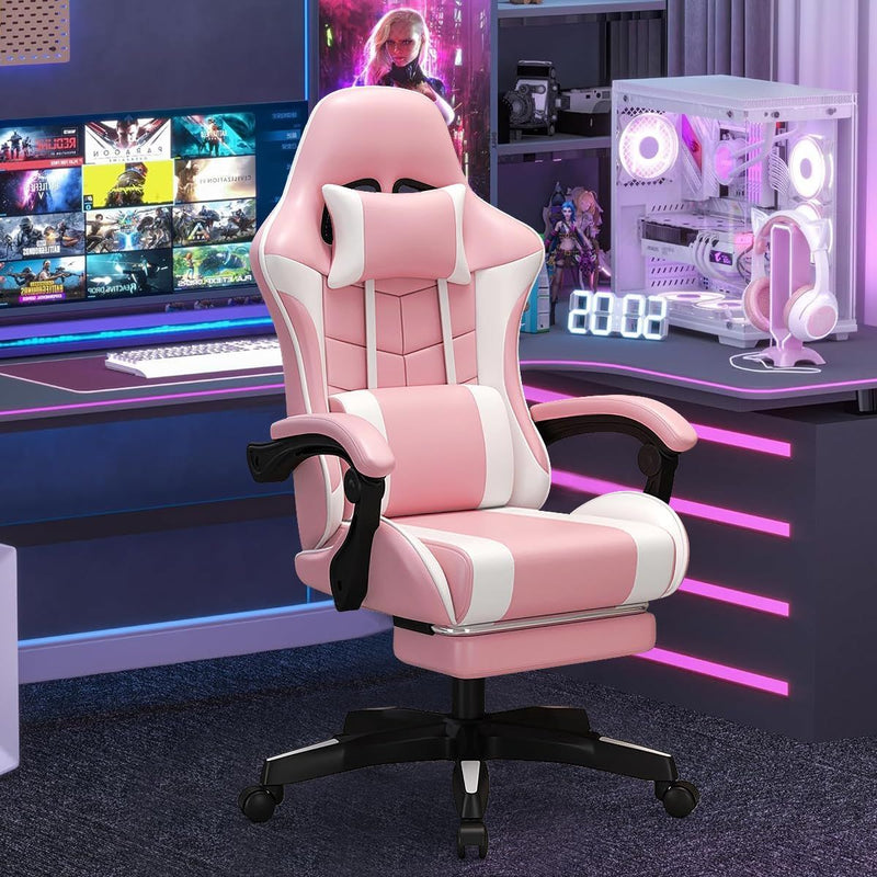 Silla Gamer Ergonómica Rosa. Silla de oficina con Respaldar Reclinable 135°. Cojines de Apoyo y Reposabrazos Articulados.