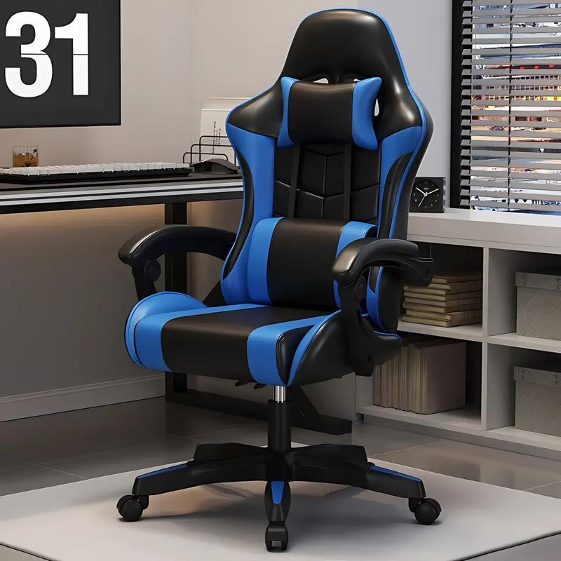 Silla Gamer Ergonómica Negra con Azul. Silla de Oficina y Escritorio con soporte lumbar. Respaldar reclinable ajustable.