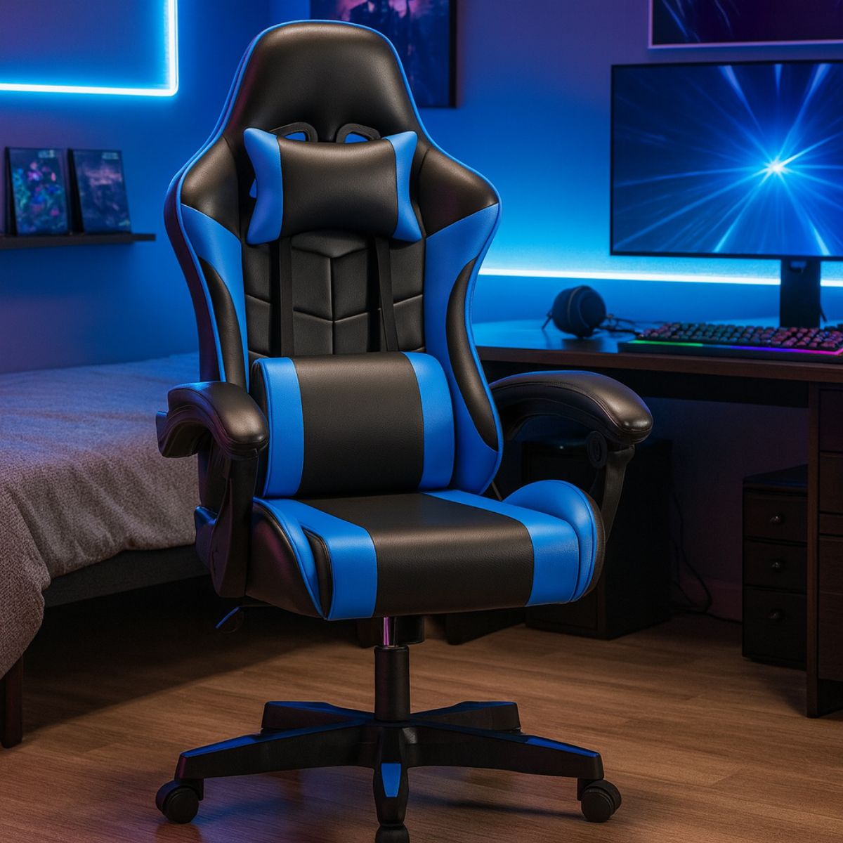 Silla Gamer Ergonómica Negra con Azul. Silla de Oficina y Escritorio con soporte lumbar. Respaldar reclinable ajustable.