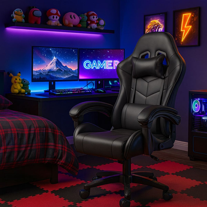 Silla Gamer Ergonómica Negra. Silla de Oficina y Escritorio con soporte lumbar. Respaldar reclinable ajustable.