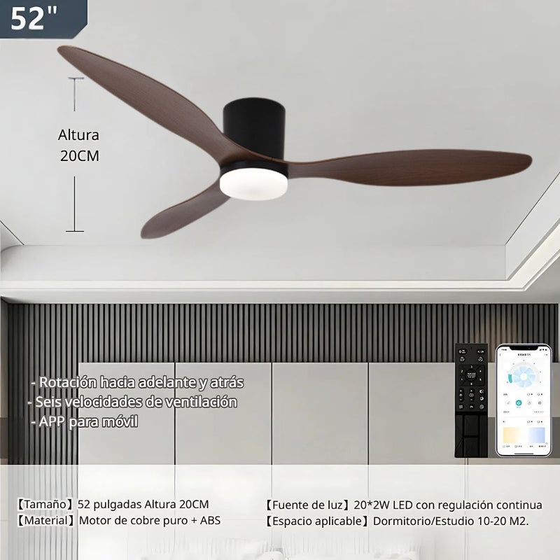 Abanico De Techo Con Lámpara. 3 tonos De Luz. 52'' Ventilador Con Control Remoto y APP. Fan 110V Color Chocolate