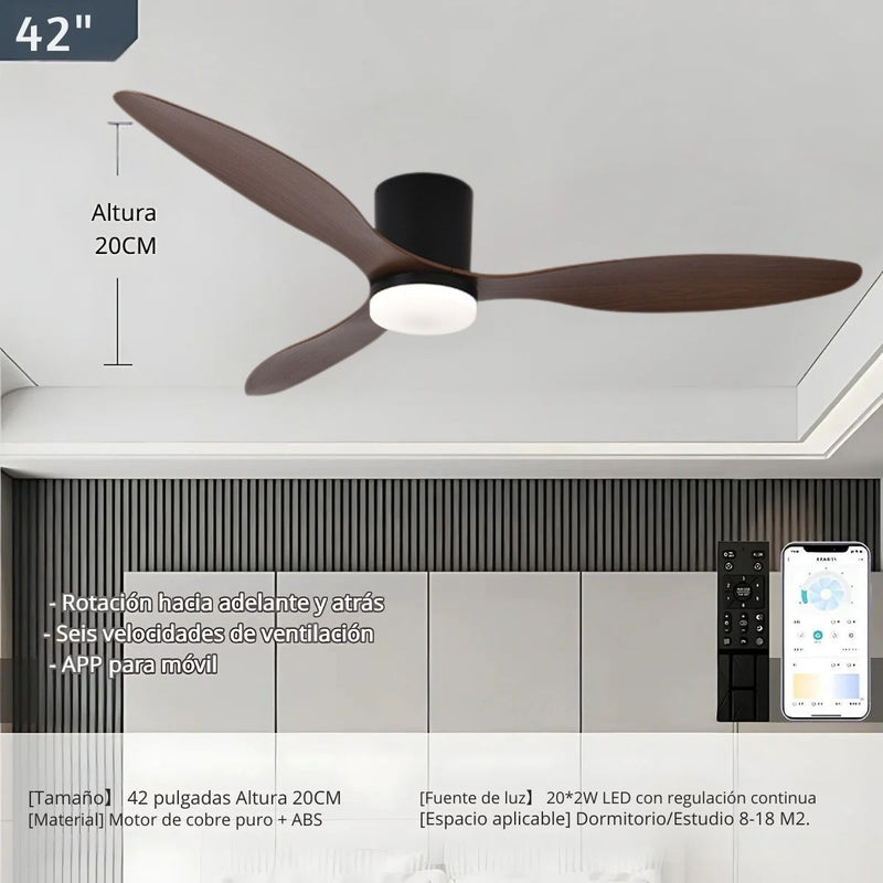 Abanico De Techo Con Lámpara. 3 tonos De Luz. 42'' Ventilador Con Control Remoto y APP. Fan 110V Color Chocolate.