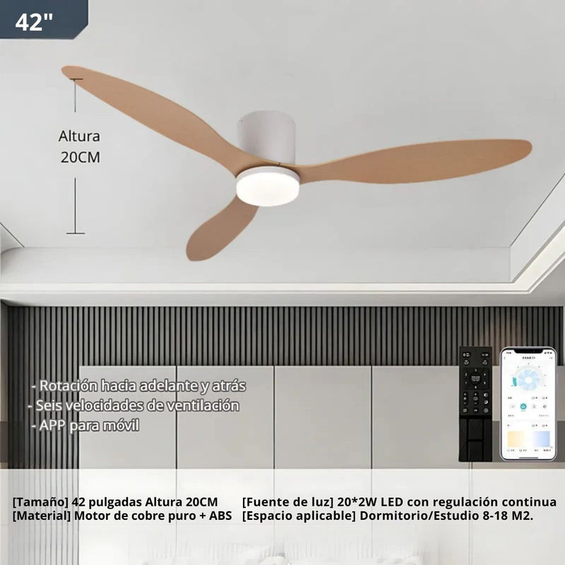 Abanico De Techo Con Lámpara. 3 Tonos De Luz. 42" Ventilador Con Control Remoto. Fan 110V Color Madera clara