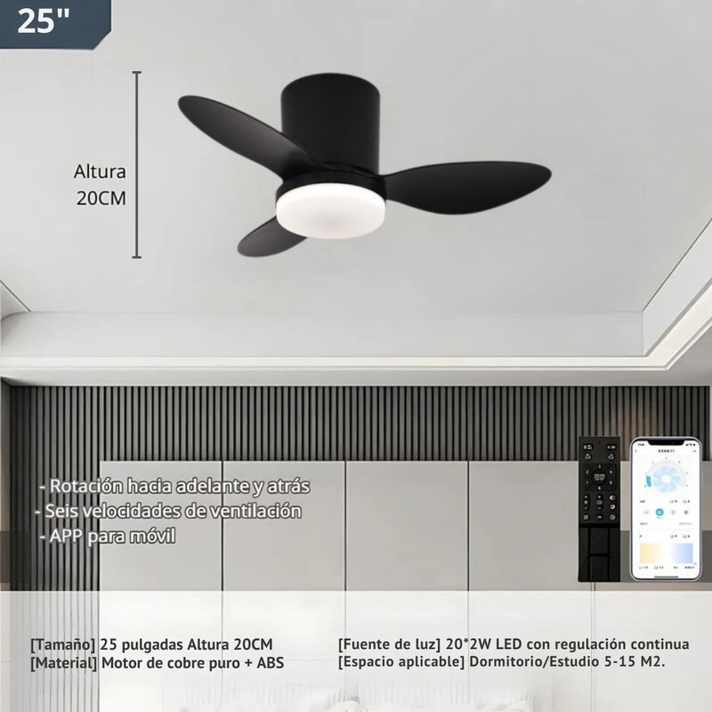 Abanico De Techo Con Lámpara. 3 Tonos De Luz. 25" Ventilador Con Control Remoto. Fan 110V Color Negro.
