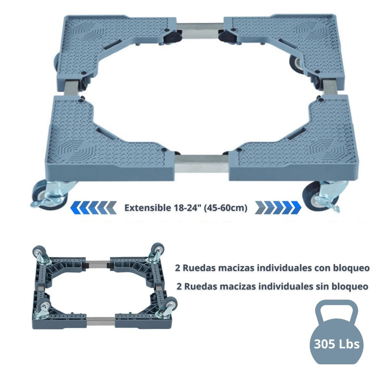 Base Móvil Universal Ajustable (45-60cm) Con Ruedas Para Mover Muebles, Lavadora Y Refrigerador. Carga Max. 305 Lbs (138 Kgs)