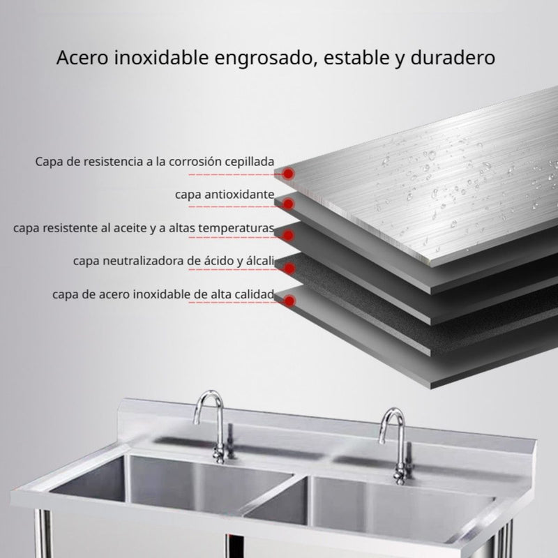 Fregadero Industrial Doble De Acero Inoxidable. 201 150x70x80cm. Profundidad tina 40 cm. Medida tina 65x52cm