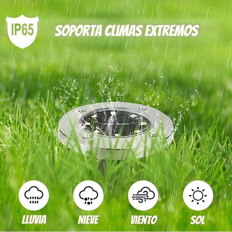 Lampara solar de piso para exterior. Foco con 8 LED. Luz cálida (Set de 4 unidades).