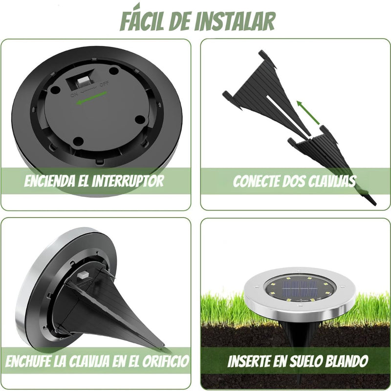 Lampara solar de piso para exterior. Foco con 8 LED. Luz cálida (Set de 4 unidades).
