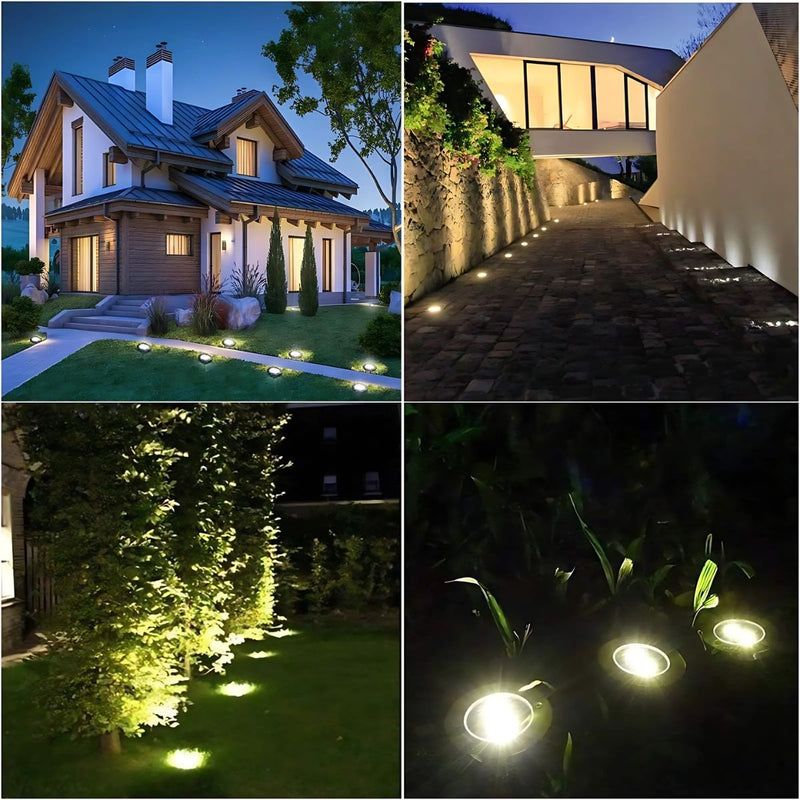 Lampara solar de piso para exterior. Foco con 8 LED. Luz cálida (Set de 4 unidades).