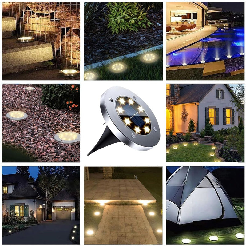 Lampara solar de piso para exterior. Foco con 8 LED. Luz cálida (Set de 4 unidades).