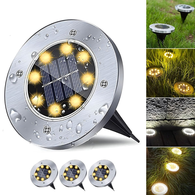 Lampara solar de piso para exterior. Foco con 8 LED. Luz cálida (Set de 4 unidades).