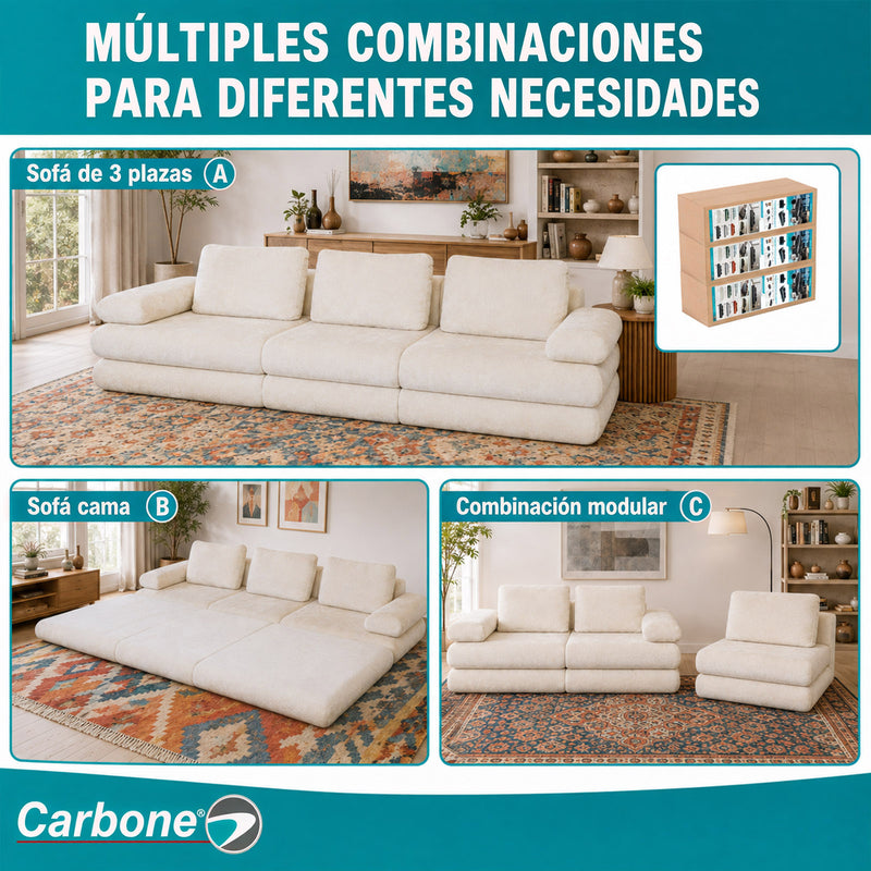 Sofá Modular Luxury de 3 Puestos Empacado al Vacío. Espuma 3D y 32D de Alta Densidad con Fundas parcialmente removibles (308x100x65cm). Color beige claro.
