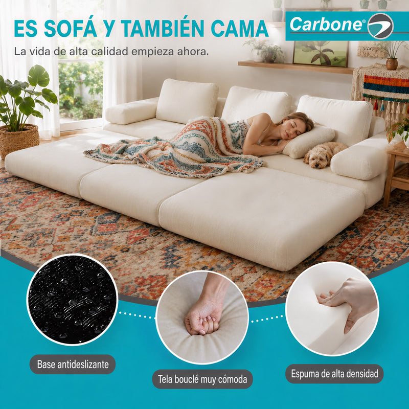 Sofá Modular Luxury de 3 Puestos Empacado al Vacío. Espuma 3D y 32D de Alta Densidad con Fundas parcialmente removibles (308x100x65cm). Color beige claro.