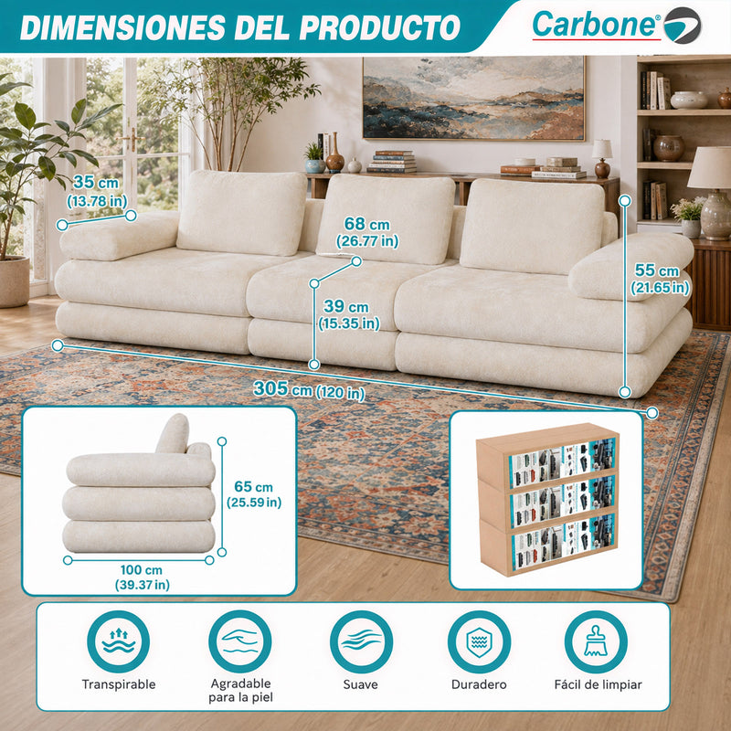 Sofá Modular Luxury de 3 Puestos Empacado al Vacío. Espuma 3D y 32D de Alta Densidad con Fundas parcialmente removibles (308x100x65cm). Color beige claro.
