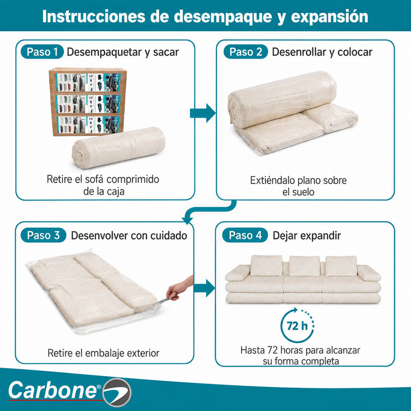 Sofá Modular Luxury de 3 Puestos Empacado al Vacío. Espuma 3D y 32D de Alta Densidad con Fundas parcialmente removibles (308x100x65cm). Color beige claro.