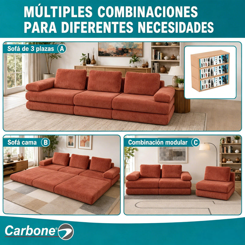 Sofá Modular Luxury de 3 Puestos Empacado al Vacío. Espuma 3D y 32D de Alta Densidad con Fundas parcialmente removibles (308x100x65cm). Color anaranjado.