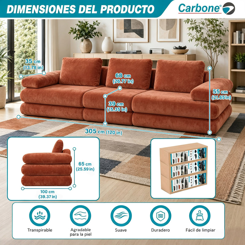 Sofá Modular Luxury de 3 Puestos Empacado al Vacío. Espuma 3D y 32D de Alta Densidad con Fundas parcialmente removibles (308x100x65cm). Color anaranjado.