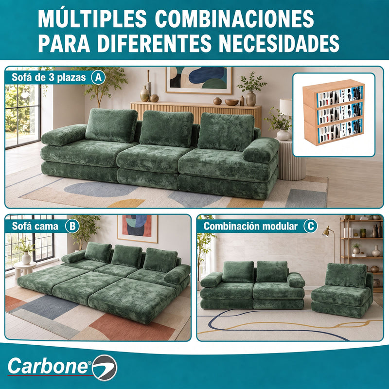 Sofá Modular Luxury de 3 Puestos Empacado al Vacío. Espuma 3D y 32D de Alta Densidad con Fundas parcialmente removibles (308x100x65cm). Color verde.