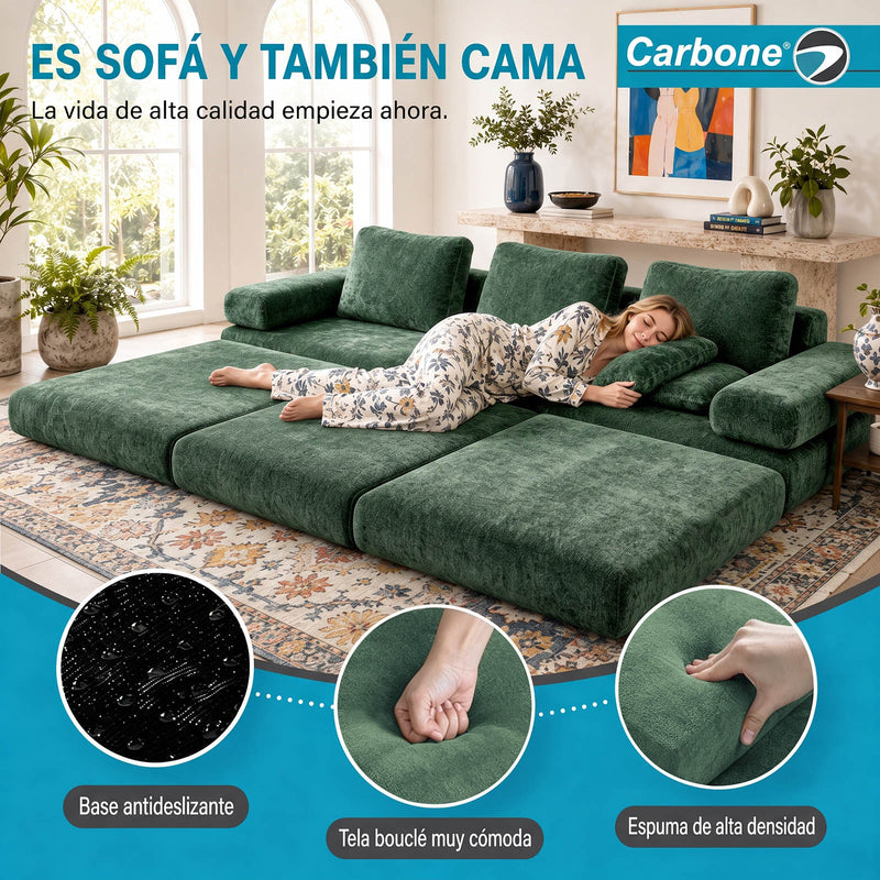 Sofá Modular Luxury de 3 Puestos Empacado al Vacío. Espuma 3D y 32D de Alta Densidad con Fundas parcialmente removibles (308x100x65cm). Color verde.