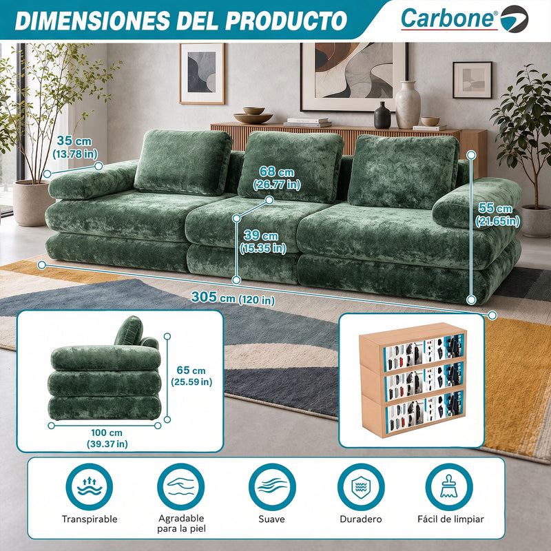Sofá Modular Luxury de 3 Puestos Empacado al Vacío. Espuma 3D y 32D de Alta Densidad con Fundas parcialmente removibles (308x100x65cm). Color verde.