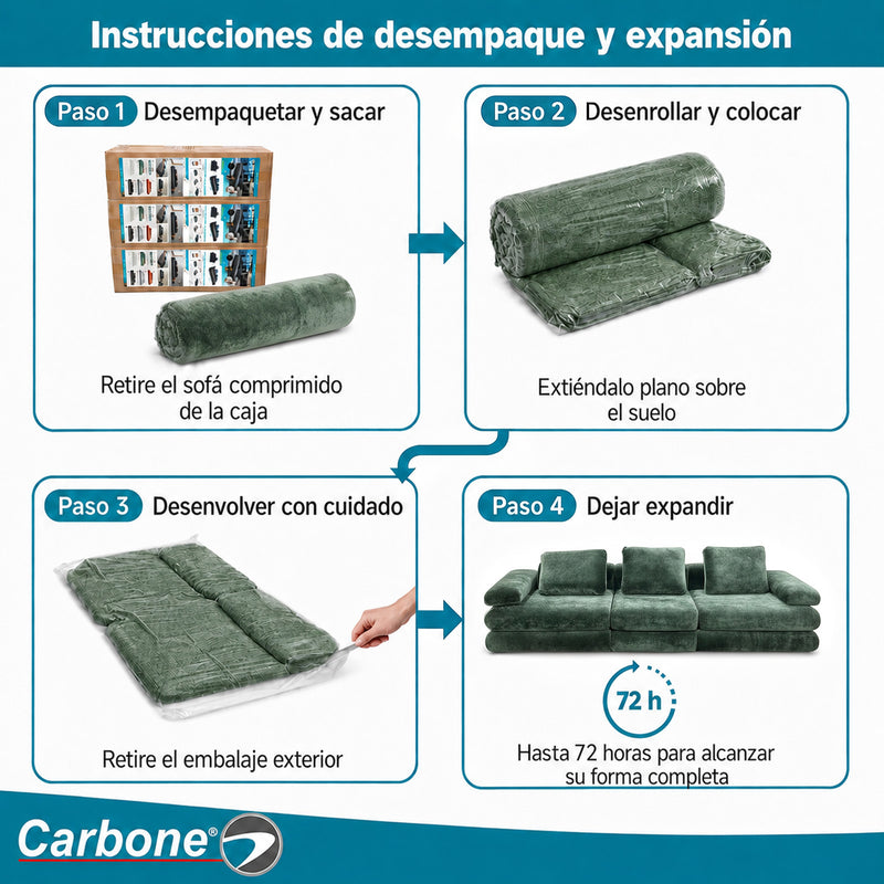 Sofá Modular Luxury de 3 Puestos Empacado al Vacío. Espuma 3D y 32D de Alta Densidad con Fundas parcialmente removibles (308x100x65cm). Color verde.