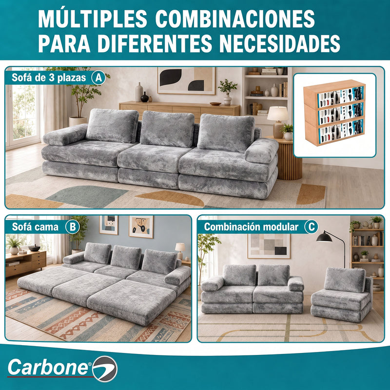Sofá Modular Luxury de 3 Puestos Empacado al Vacío. Espuma 3D y 32D de Alta Densidad con Fundas parcialmente removibles (308x100x65cm). Color gris claro.
