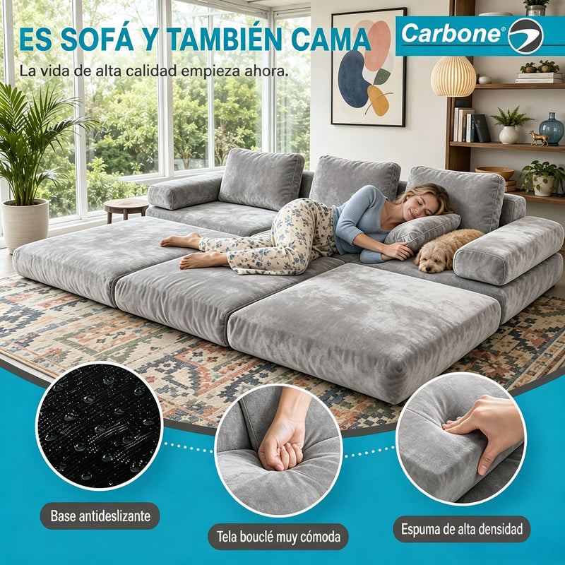 Sofá Modular Luxury de 3 Puestos Empacado al Vacío. Espuma 3D y 32D de Alta Densidad con Fundas parcialmente removibles (308x100x65cm). Color gris claro.
