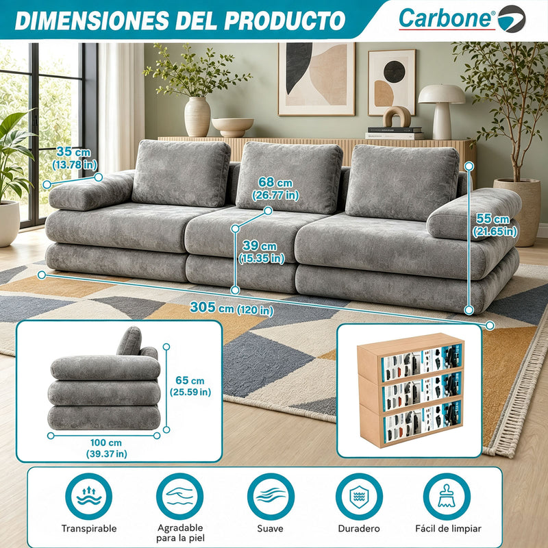 Sofá Modular Luxury de 3 Puestos Empacado al Vacío. Espuma 3D y 32D de Alta Densidad con Fundas parcialmente removibles (308x100x65cm). Color gris claro.